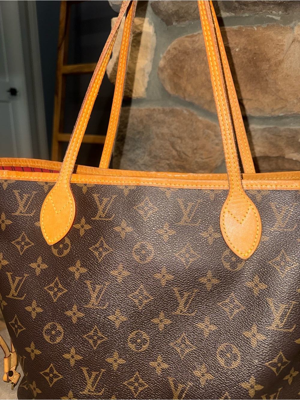 Louis Vuitton Brown Monogram Tote with Red Interior Trim - Picture 6 of 10